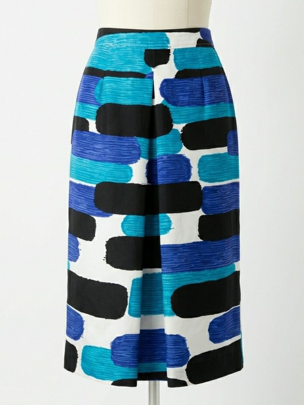 Vintage 100% Silk Abstract Brushstroke Midi Pencil Skirt Turquoise Black White 6